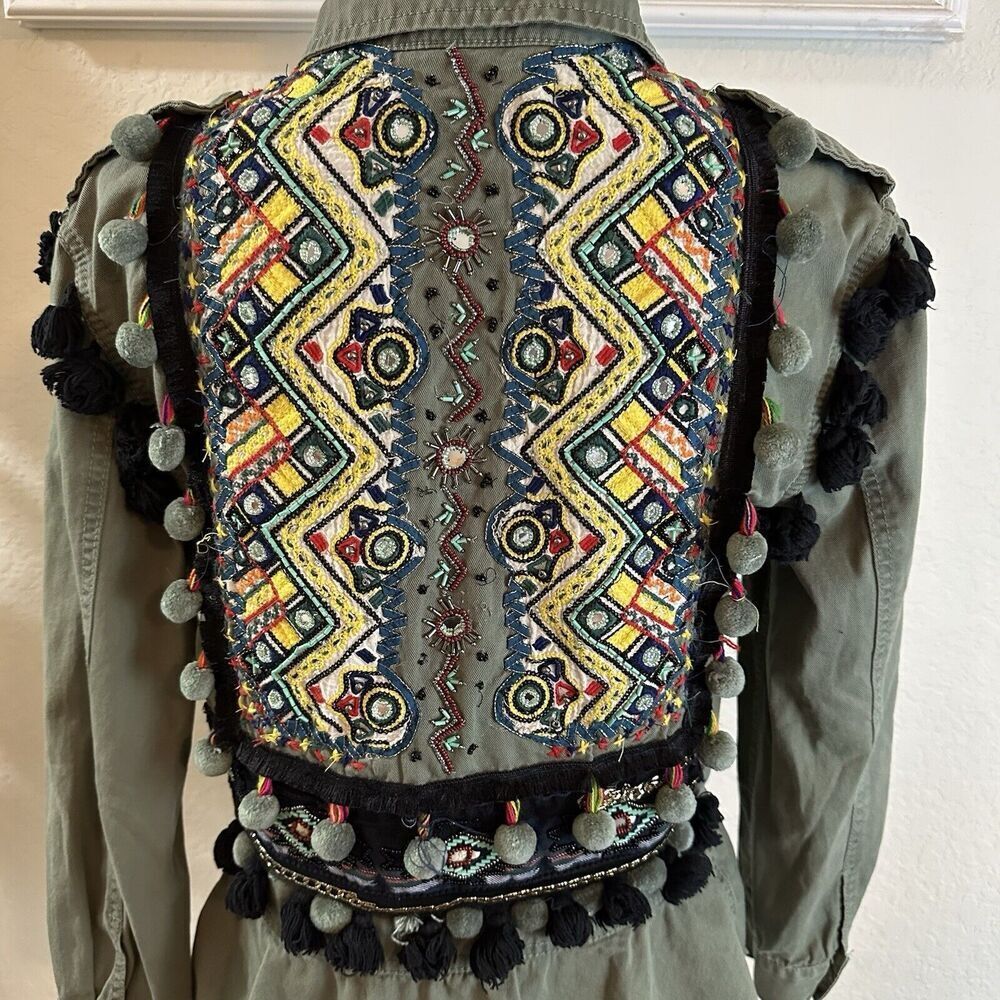 ZARA Womens Embroidered Pom Pom Jacket Size XS Military Tassel Boho Festival - Picture 5 of 8